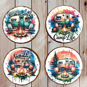 Handmade Camp Life Round Wood Coaster Set of 4-Vibrant Camping Scenes
